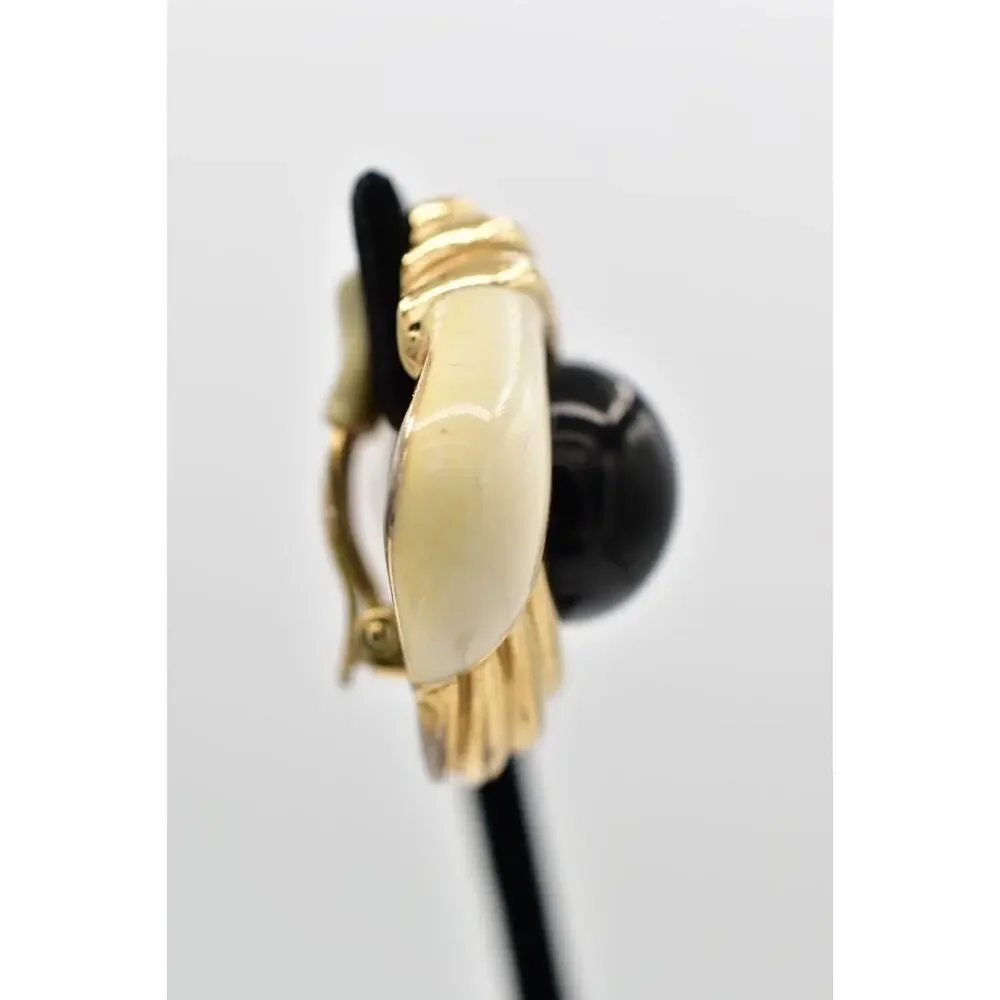 Ciner Vintage Cabochon Clip On Earrings Black Gold Heavy Chunky Signed 70s BinBB